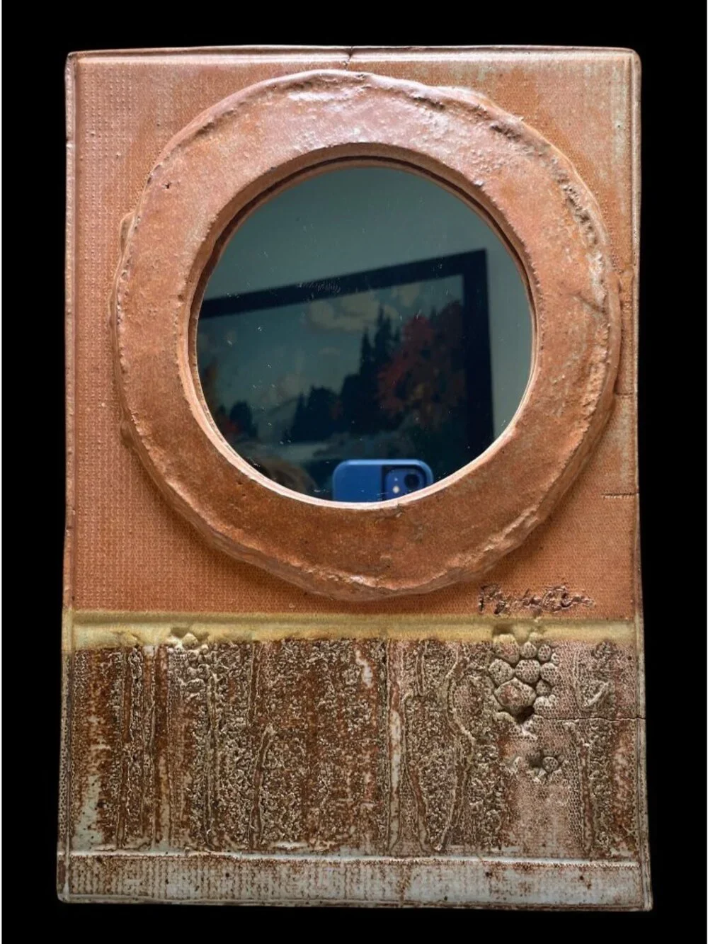 Unique Vintage Studio Pottery Wall Mirror by Artist Py Pottery Textured Ceramic